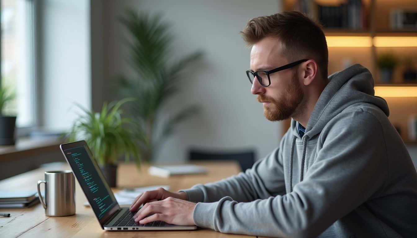 A developer types on a laptop in a bright office with plants and notes. A developer types on a laptop in a bright office with plants and notes.