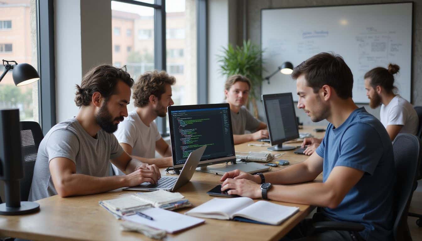 A small team of developers pair-program and debug together in a casual office. A small team of developers pair-program and debug together in a casual office.