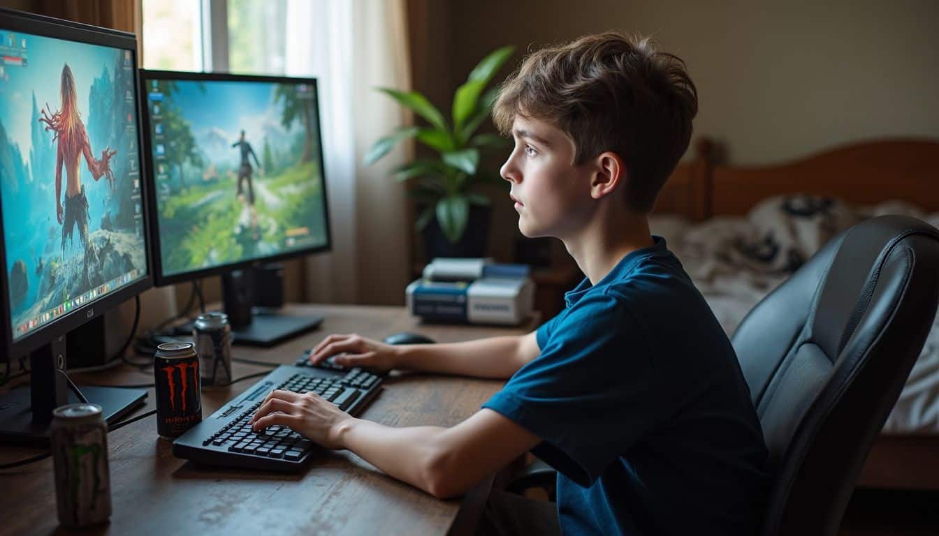 Teen at a messy desk with monitors and empty energy drink cans while reviewing a game. Teen at a messy desk with monitors and empty energy drink cans while reviewing a game.