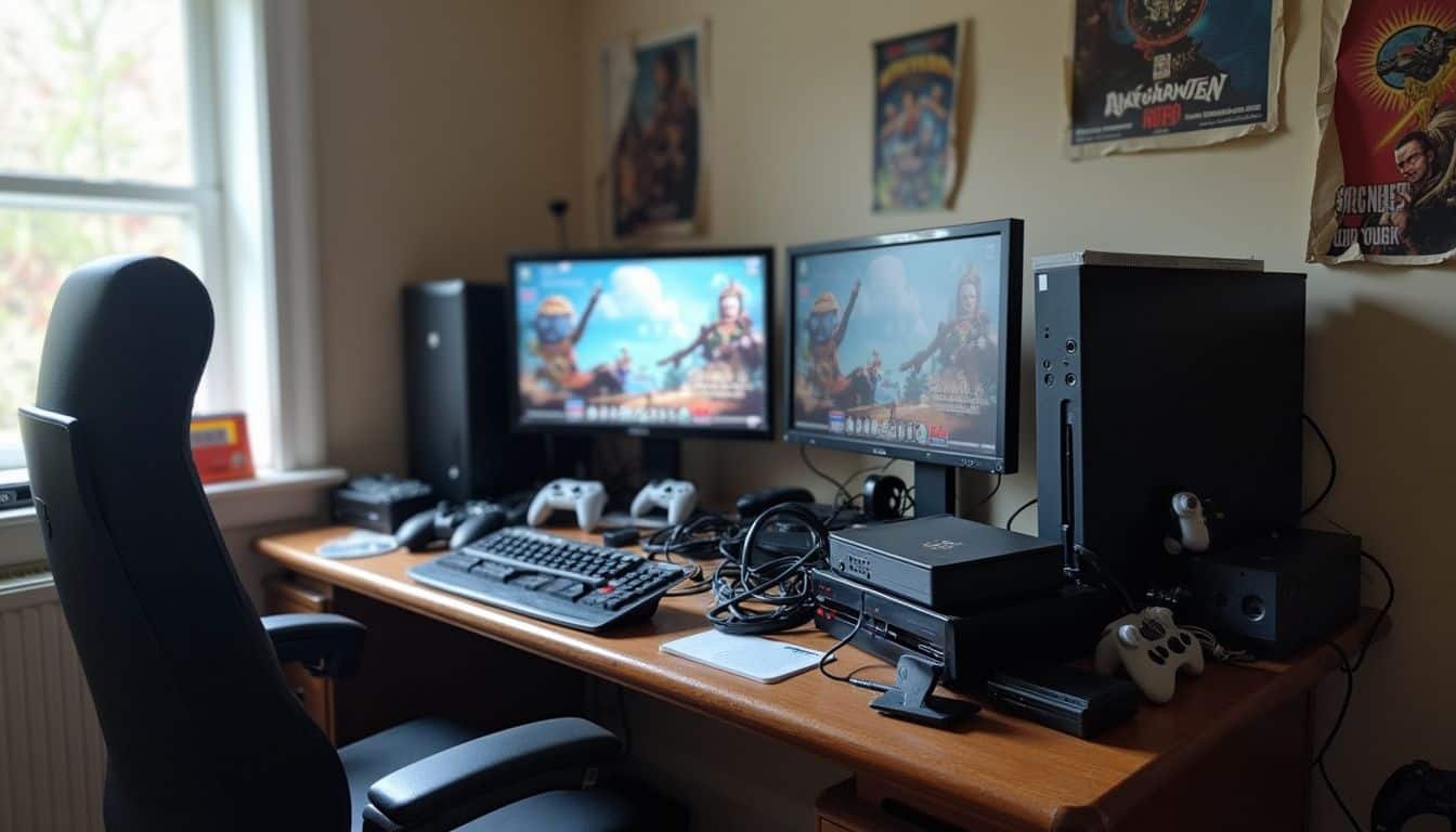 Cluttered desk with consoles and accessories in a lived-in bedroom. Cluttered desk with consoles and accessories in a lived-in bedroom.