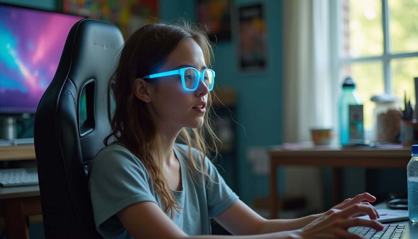 Young woman wearing blue light glasses playing games in a chair with snacks nearby. Young woman wearing blue light glasses playing games in a chair with snacks nearby.