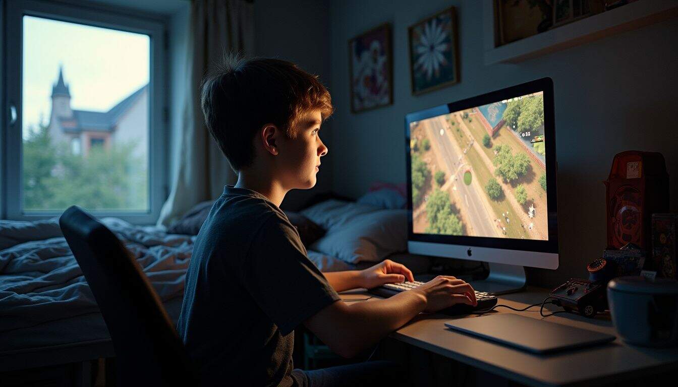 Teen watching a game replay in a cluttered bedroom. Teen watching a game replay in a cluttered bedroom.
