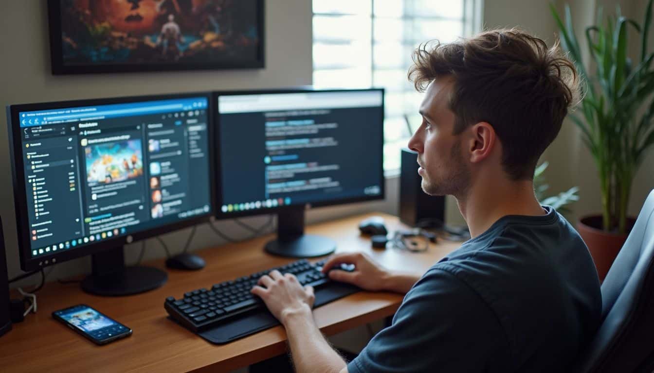 Gamer at a desk with dual monitors showing a forum and a Discord chat. Gamer at a desk with dual monitors showing a forum and a Discord chat.
