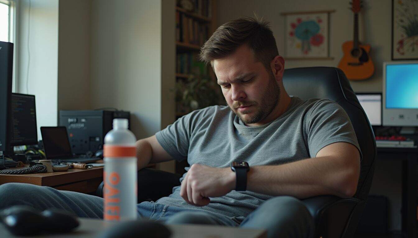 Man checking his smartwatch in a cluttered room filled with gaming gear. Man checking his smartwatch in a cluttered room filled with gaming gear.