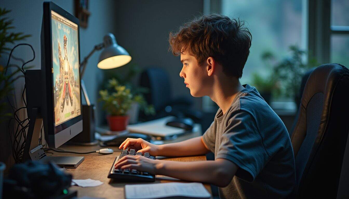 Teen at a cluttered desk, focused on a video game with scattered gear and notebooks. Teen at a cluttered desk, focused on a video game with scattered gear and notebooks.