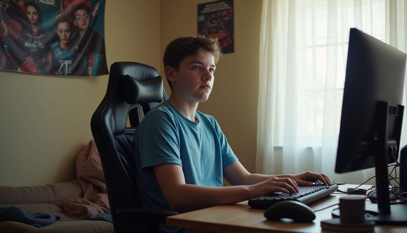 Teen playing games in a cluttered bedroom with posters on the wall. Teen playing games in a cluttered bedroom with posters on the wall.