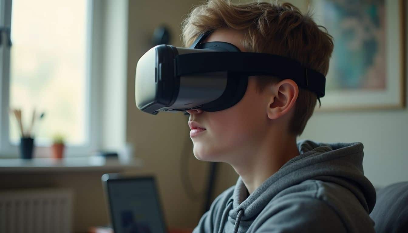 Teen wearing a VR headset, focused in a casual and cluttered room. Teen wearing a VR headset, focused in a casual and cluttered room.