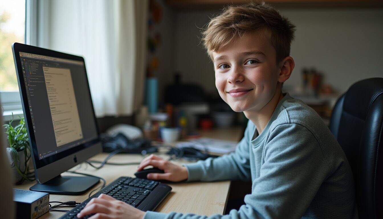 Teen at a cluttered desk, focused on the main gaming screen. Teen at a cluttered desk, focused on the main gaming screen.