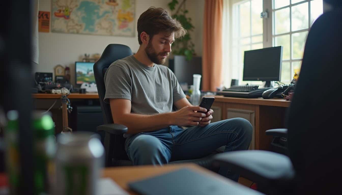 Young man in a cluttered room reading game news on his phone. Young man in a cluttered room reading game news on his phone.