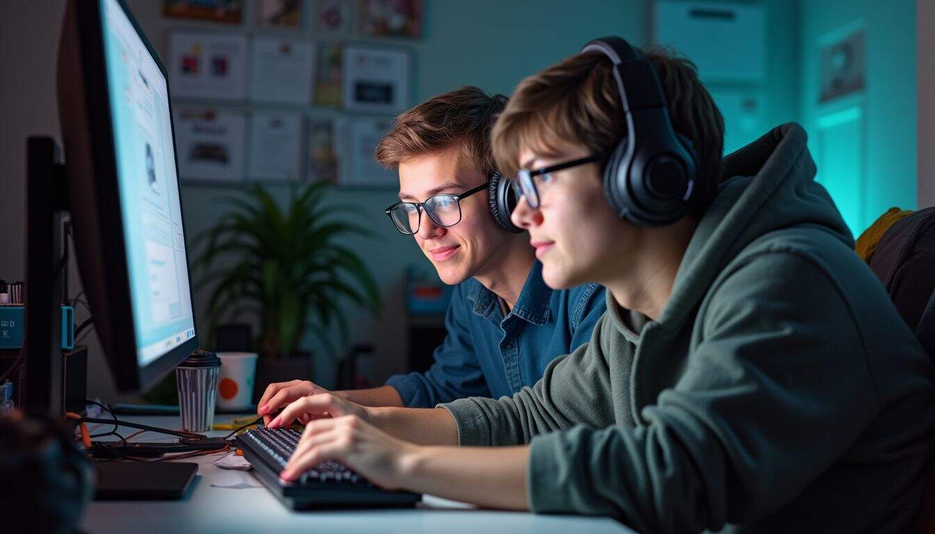 Two players sharing advice during a session in a cozy, cluttered room. Two players sharing advice during a session in a cozy, cluttered room.