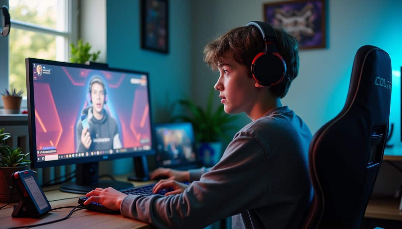 Teen watching a livestream while seated at a cluttered desk. Teen watching a livestream while seated at a cluttered desk.