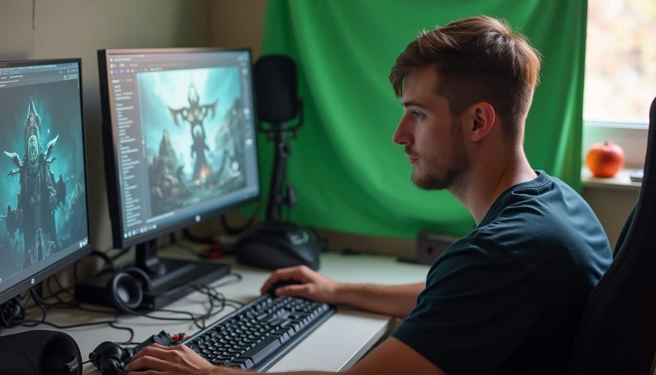 Young man at a cluttered dual-monitor desk showing a game and streaming tools. Young man at a cluttered dual-monitor desk showing a game and streaming tools.