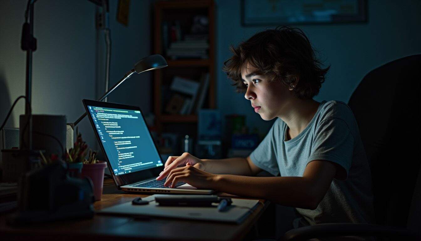 Young adult reading game update notes on a laptop at a cluttered desk. Young adult reading game update notes on a laptop at a cluttered desk.