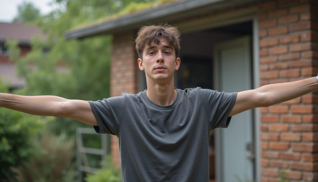 Young man taking a relaxed stretch outside during a break from gaming. Young man taking a relaxed stretch outside during a break from gaming.