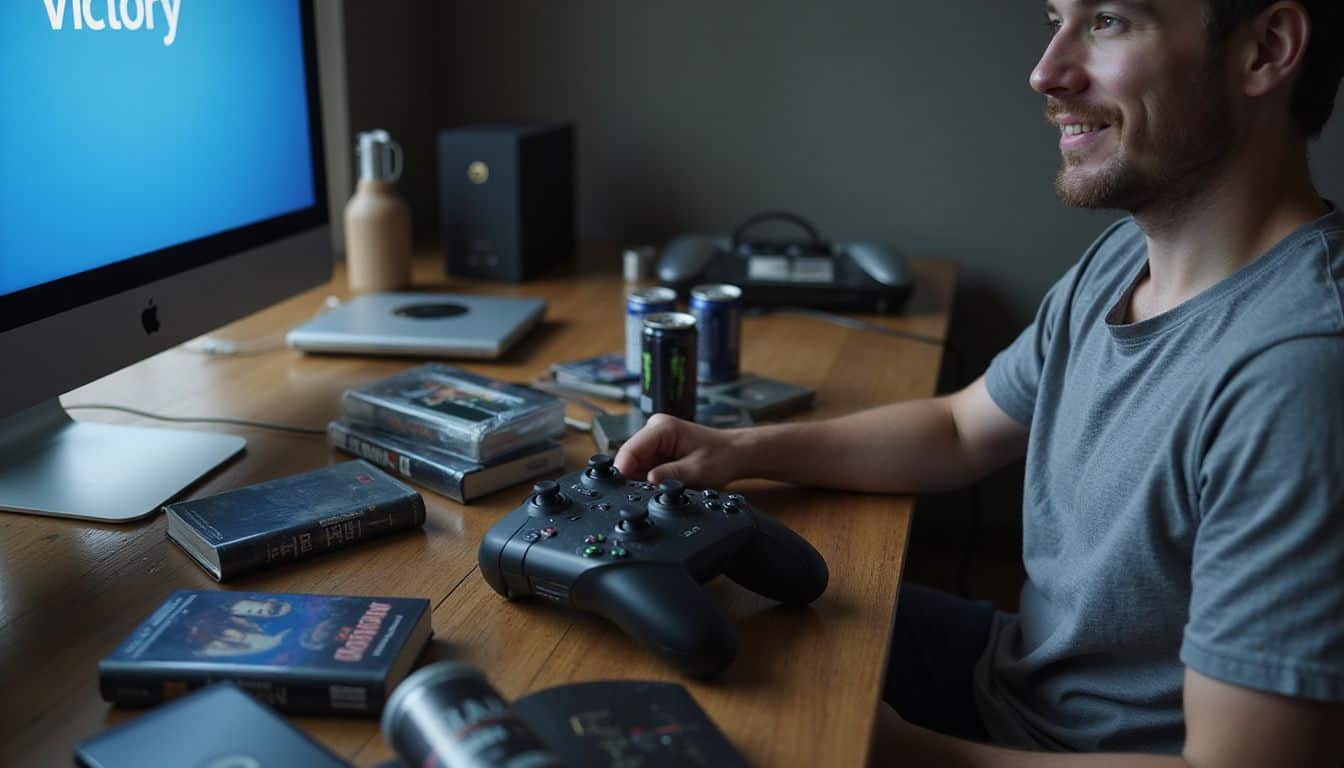 A cluttered gaming desk features a worn controller, empty energy drink cans, and a focused player enjoying a victory. A cluttered gaming desk features a worn controller, empty energy drink cans, and a focused player enjoying a victory.