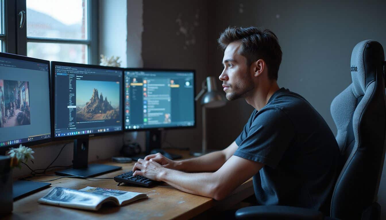 A young man intently engages with a cluttered gaming setup featuring three monitors in a cozy bedroom. A young man intently engages with a cluttered gaming setup featuring three monitors in a cozy bedroom.