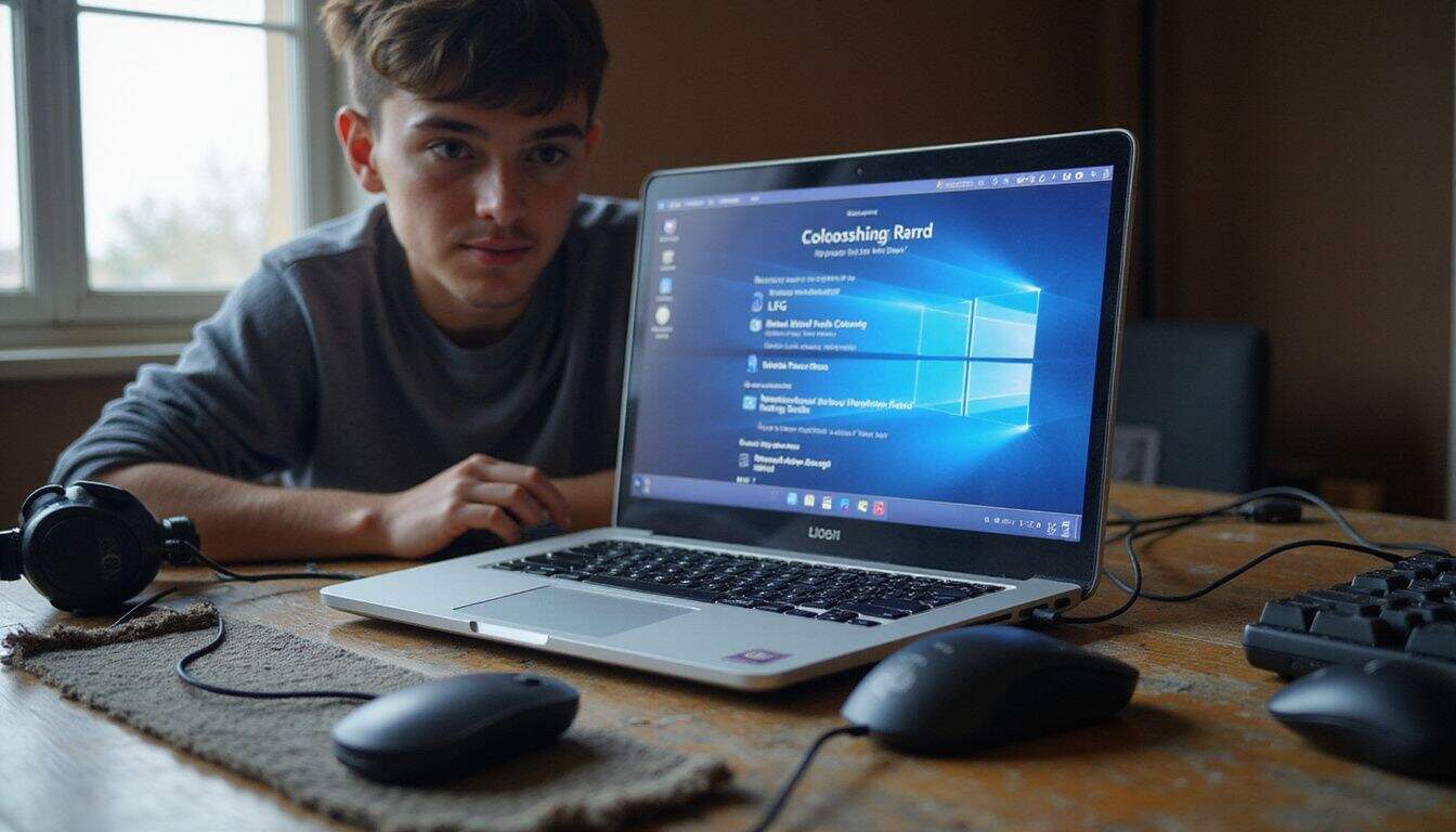 A cluttered gaming desk features a mechanical keyboard, accessories, and a focused individual engaging on Discord. A cluttered gaming desk features a mechanical keyboard, accessories, and a focused individual engaging on Discord.