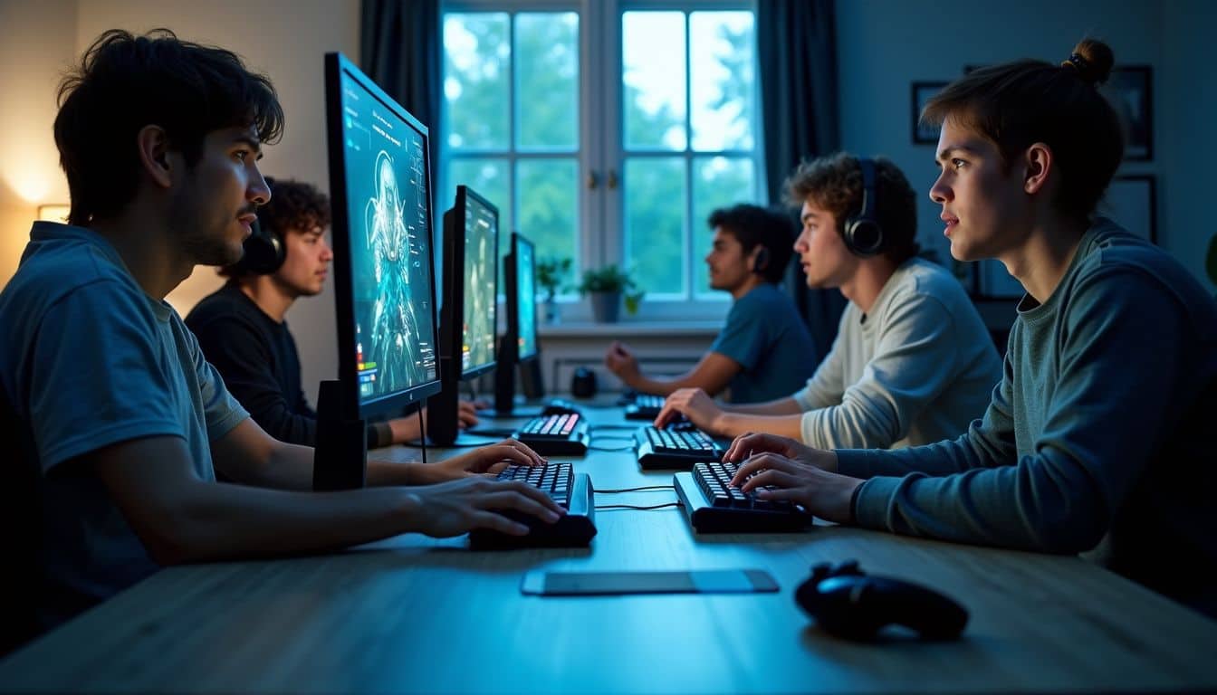 A group of five gamers intensely collaborates in a cluttered gaming room filled with high-tech equipment and worn peripherals. A group of five gamers intensely collaborates in a cluttered gaming room filled with high-tech equipment and worn peripherals.