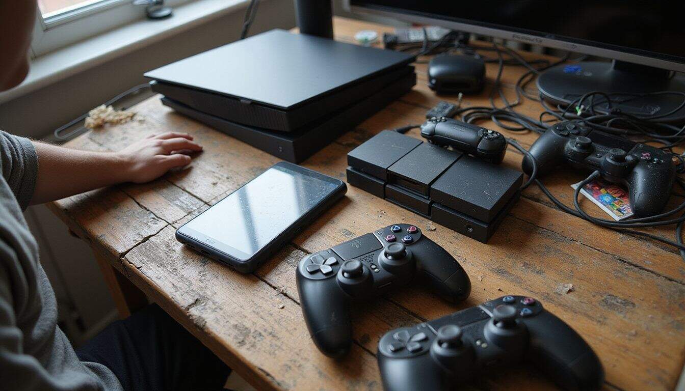 A cluttered gaming desk features various consoles, tangled cords, and controllers, creating a lived-in gaming environment. A cluttered gaming desk features various consoles, tangled cords, and controllers, creating a lived-in gaming environment.