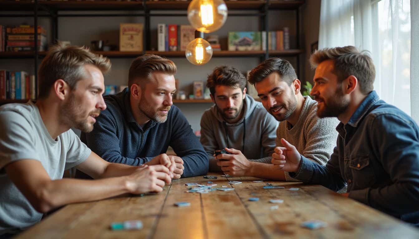 A diverse group of gamers engages in animated discussion around a rustic wooden table filled with board game pieces. A diverse group of gamers engages in animated discussion around a rustic wooden table filled with board game pieces.