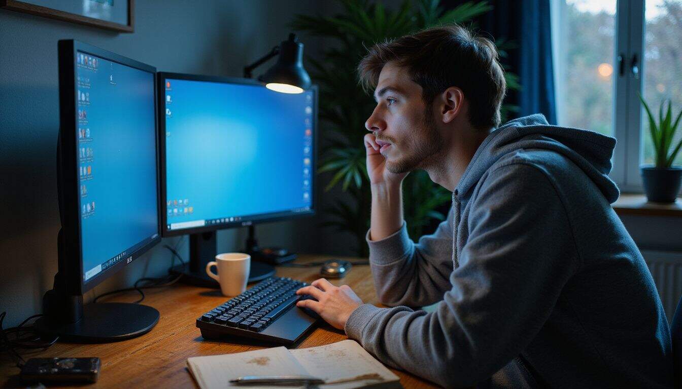 A young man in a hoodie focuses on his screen while surrounded by notebooks, a coffee mug, and a succulent. A young man in a hoodie focuses on his screen while surrounded by notebooks, a coffee mug, and a succulent.