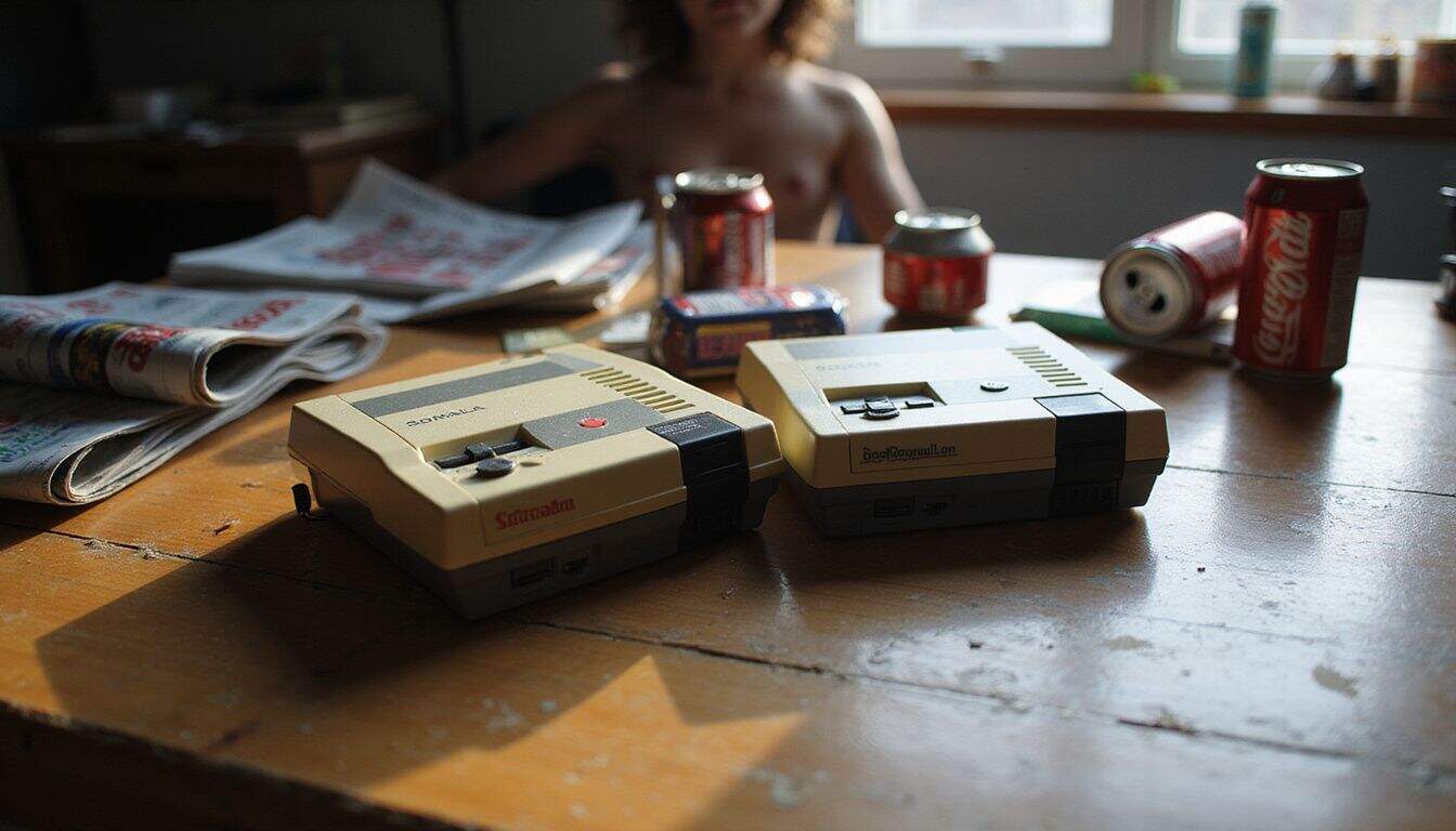 A nostalgic scene featuring two vintage video game consoles atop a worn wooden desk surrounded by magazines and soda cans. A nostalgic scene featuring two vintage video game consoles atop a worn wooden desk surrounded by magazines and soda cans.