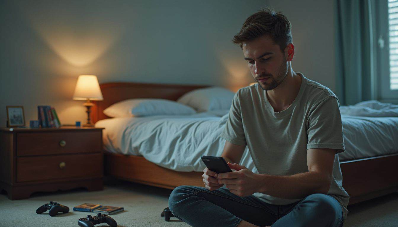 A young adult sits on a bed, focused on their smartphone amidst scattered game controllers and cases. A young adult sits on a bed, focused on their smartphone amidst scattered game controllers and cases.