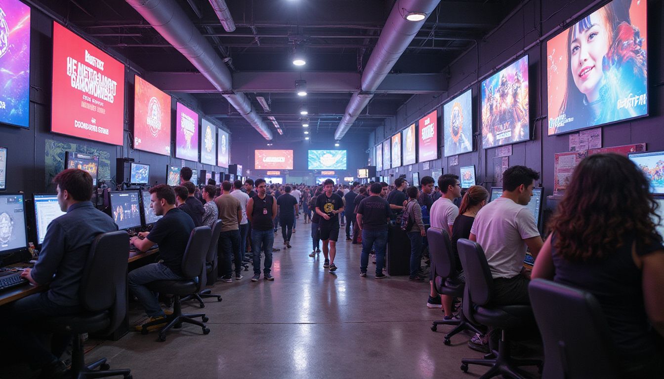 A vibrant gaming convention bustling with attendees engaging at detailed booths filled with games and technology. A vibrant gaming convention bustling with attendees engaging at detailed booths filled with games and technology.
