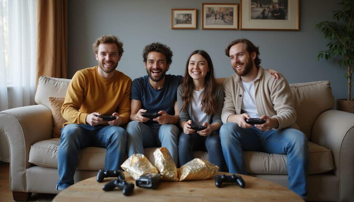 Four friends enjoy gaming together on a sofa, surrounded by snacks and a relaxed, intimate atmosphere. Four friends enjoy gaming together on a sofa, surrounded by snacks and a relaxed, intimate atmosphere.