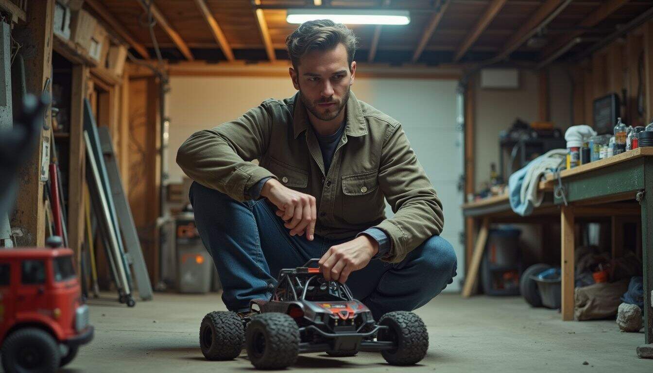 A hobbyist fine tunes gears on an RC car inside a busy garage. A hobbyist fine tunes gears on an RC car inside a busy garage.