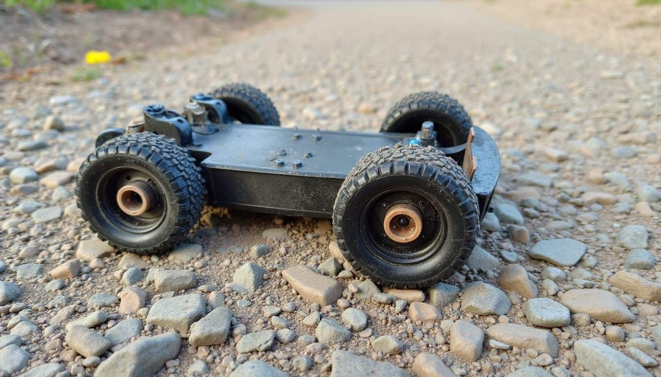 An RC car on a rocky path showing worn tires and scuffs from use. An RC car on a rocky path showing worn tires and scuffs from use.