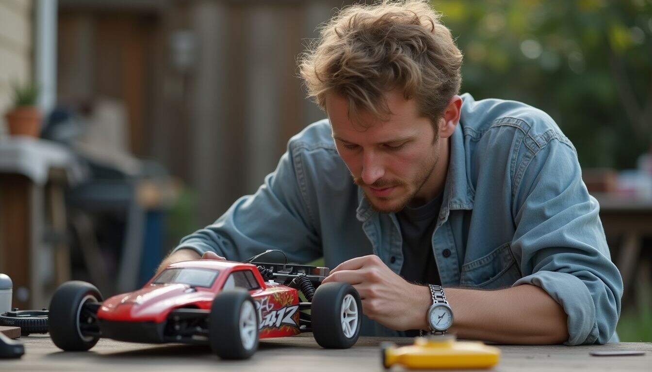 A driver adjusts body height and spoiler angle on an RC car outside. A driver adjusts body height and spoiler angle on an RC car outside.