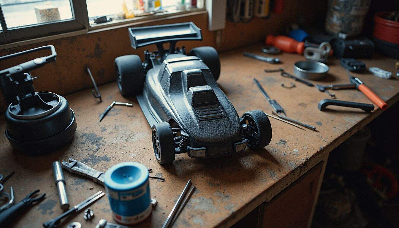 A carbon fiber RC chassis rests on a workbench with tools and screws nearby. A carbon fiber RC chassis rests on a workbench with tools and screws nearby.