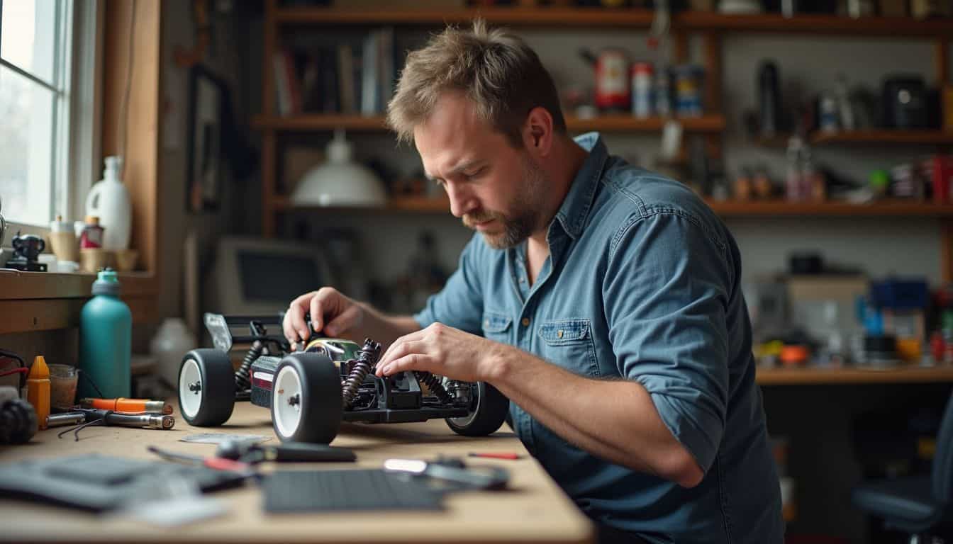 A driver replaces an RC spur gear while tools and parts sit nearby. A driver replaces an RC spur gear while tools and parts sit nearby.