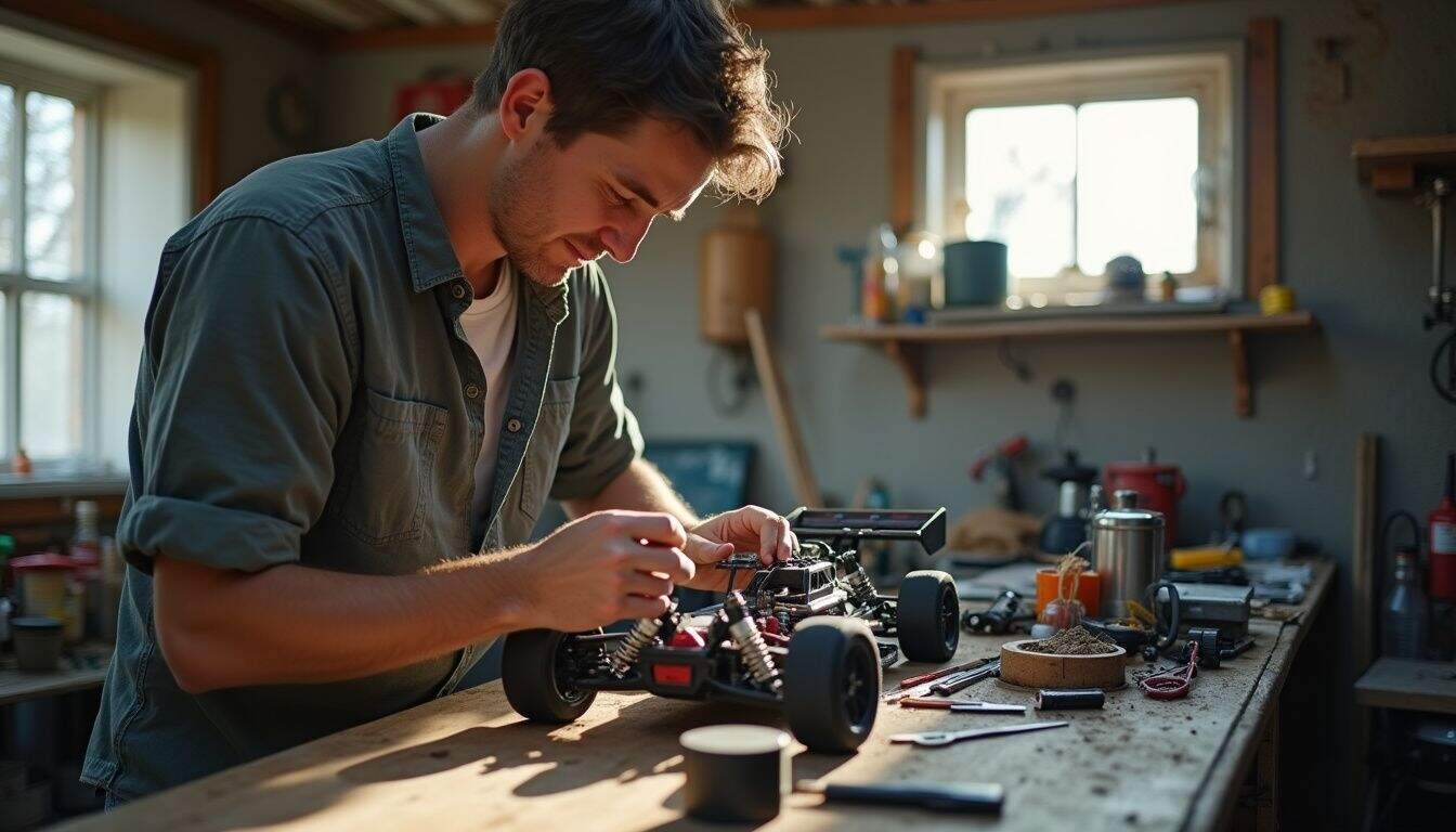 A builder fits a brushless motor into an RC chassis on a busy bench. A builder fits a brushless motor into an RC chassis on a busy bench.
