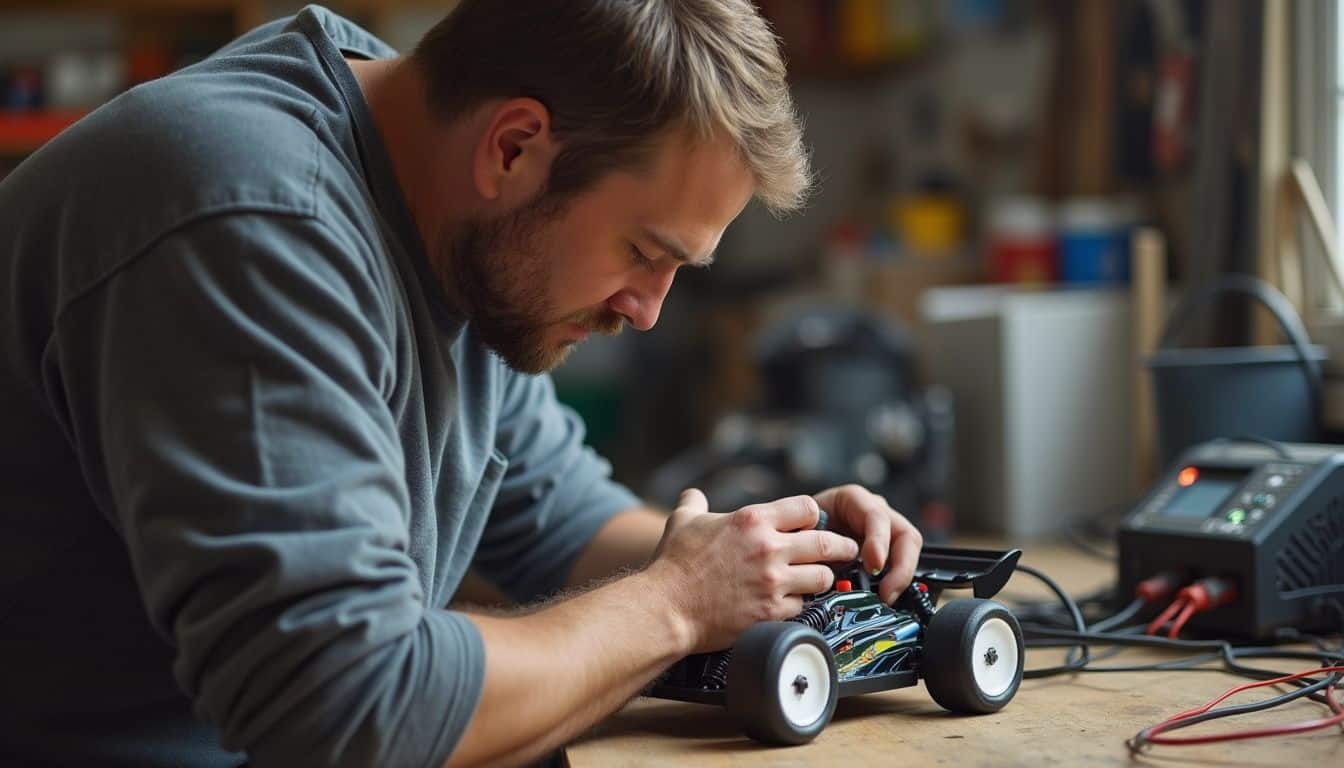 A hobbyist checks ESC voltage and wiring while upgrading an RC power system. A hobbyist checks ESC voltage and wiring while upgrading an RC power system.
