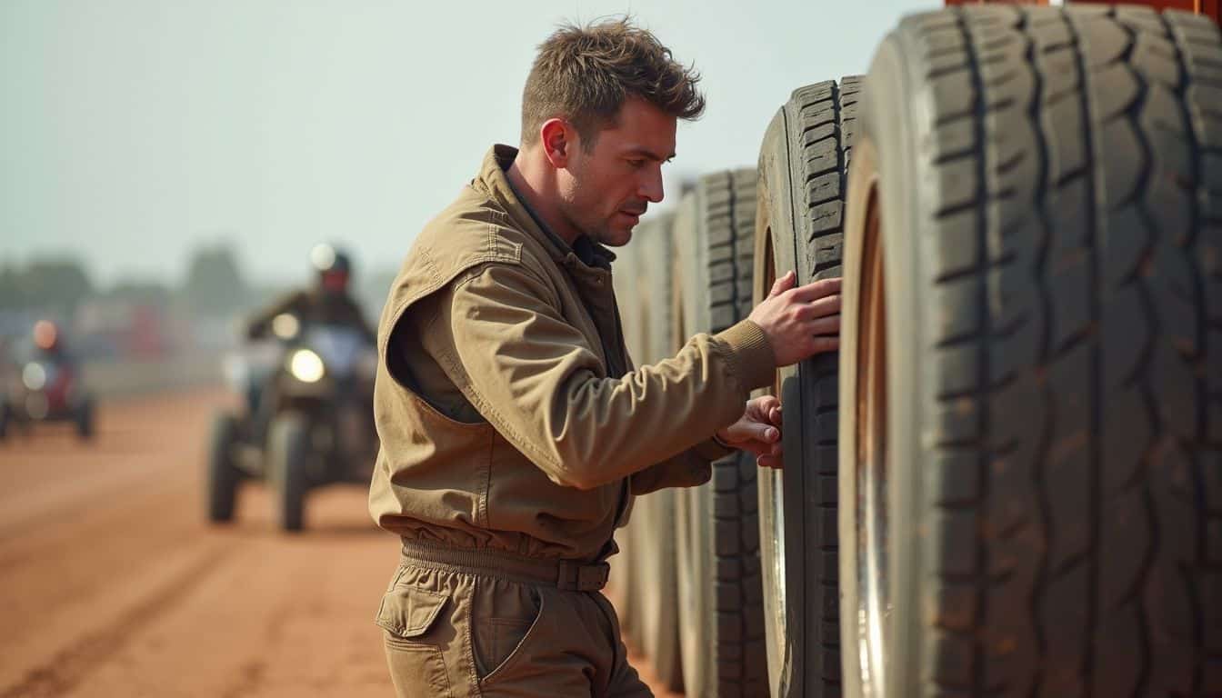 A driver checks tire inserts and sidewalls at a dusty clay test track. A driver checks tire inserts and sidewalls at a dusty clay test track.