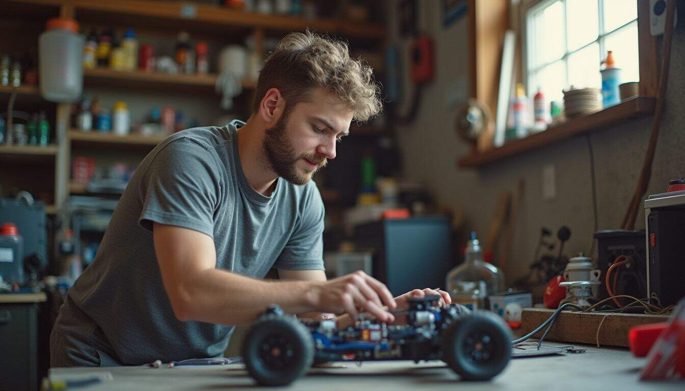 A builder tests new ESC and motor combos for higher speed in a garage. A builder tests new ESC and motor combos for higher speed in a garage.