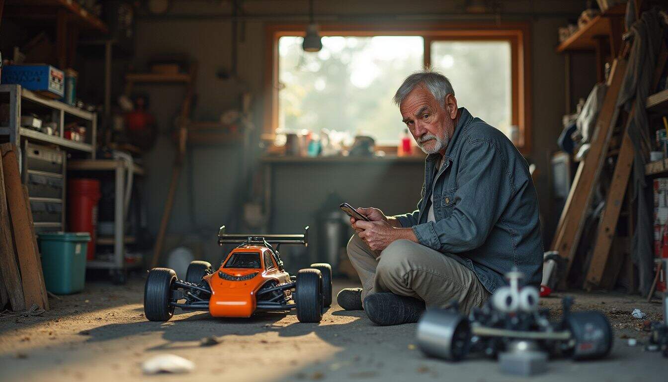 A hobbyist cleans an RC car on a crowded bench before the next run. A hobbyist cleans an RC car on a crowded bench before the next run.