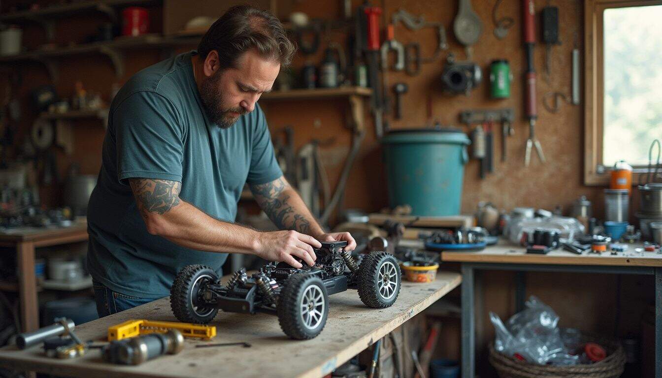 A hobbyist replaces an RC motor on a bench crowded with tools and parts. A hobbyist replaces an RC motor on a bench crowded with tools and parts.