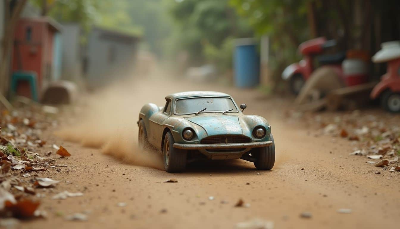 An RC car blasts down a dusty path as tools sit nearby. An RC car blasts down a dusty path as tools sit nearby.