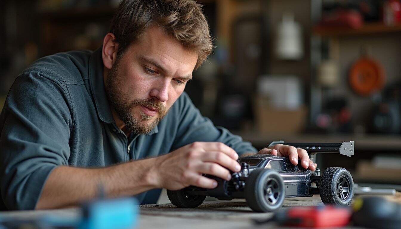 A racer services RC bearings and shocks on a tool-covered workbench. A racer services RC bearings and shocks on a tool-covered workbench.