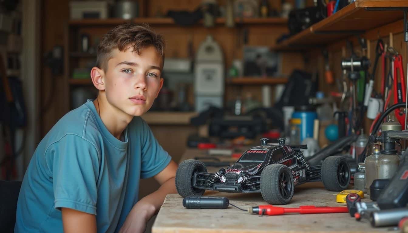A teen charges a LiPo pack for his RC car at a cluttered bench.