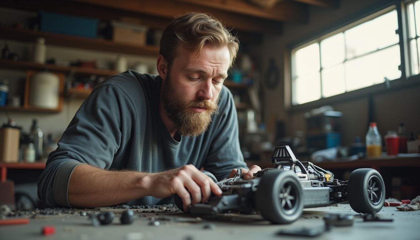 A hobbyist trims weight by removing parts from an RC car on a busy bench. A hobbyist trims weight by removing parts from an RC car on a busy bench.