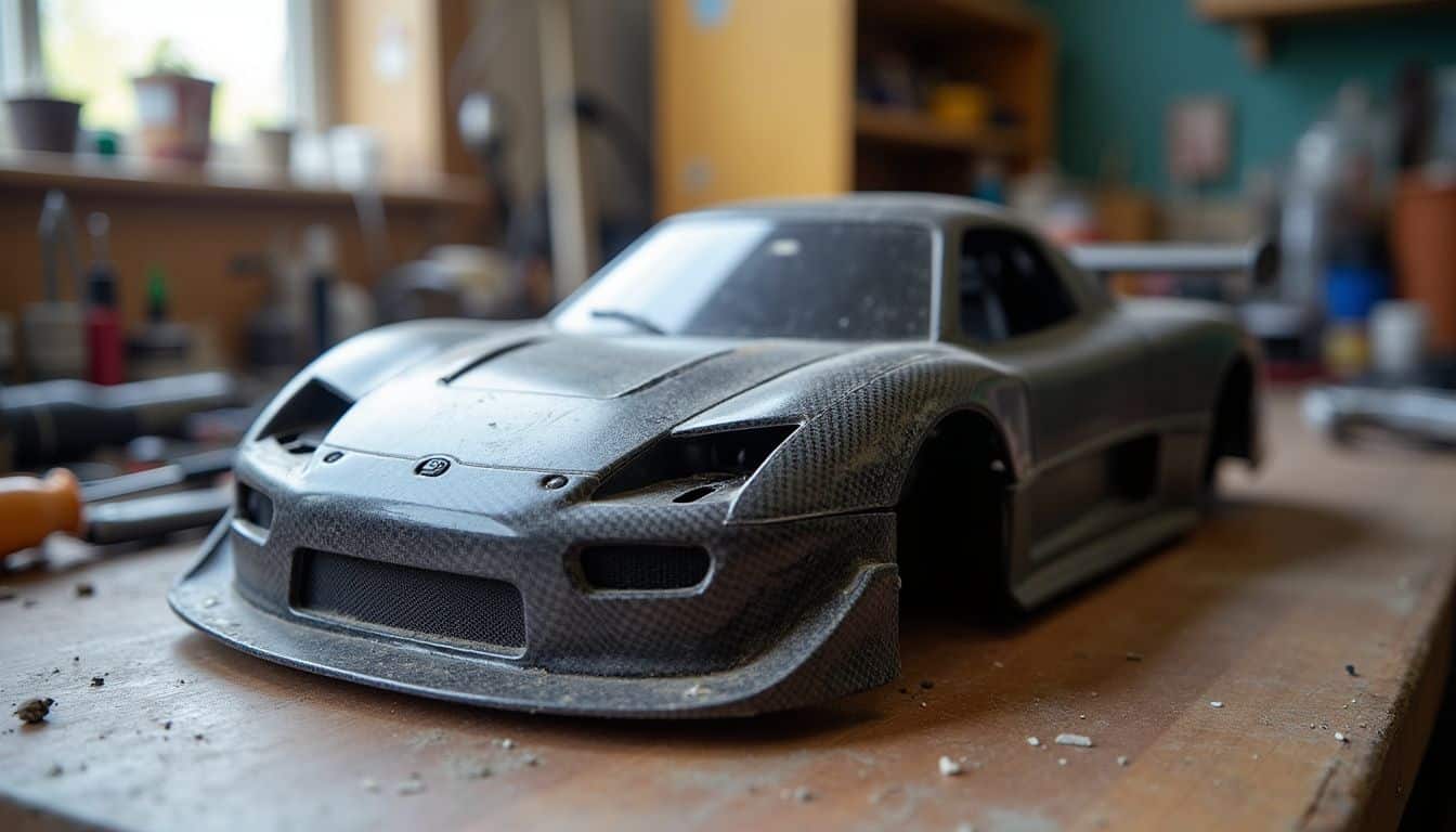 A lightweight carbon fiber RC body shell lies beside tools and spare parts.