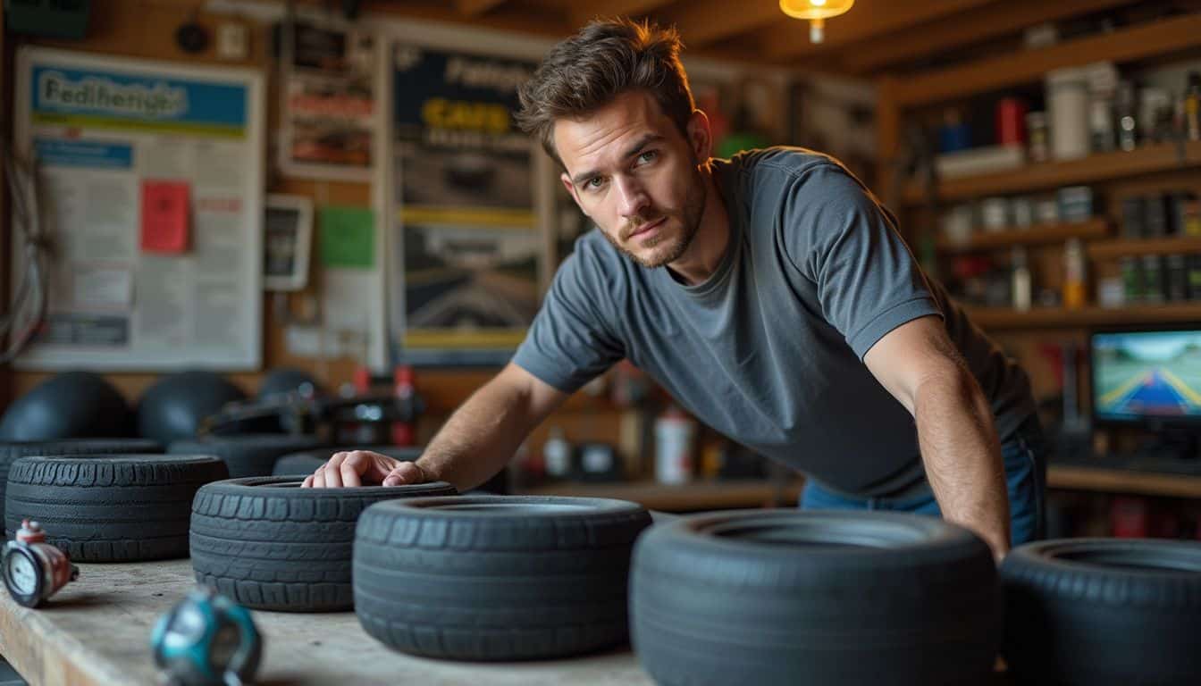A racer sorts RC tire sets in a garage filled with tools and posters. A racer sorts RC tire sets in a garage filled with tools and posters.