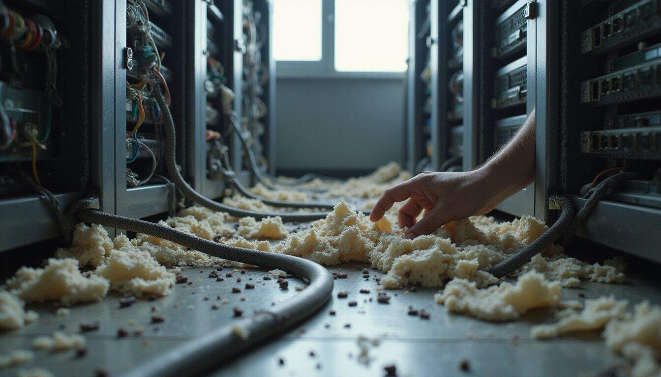 A server room shows damage from rodents, with frayed cables, droppings, and torn insulation cluttering the space. A server room shows damage from rodents, with frayed cables, droppings, and torn insulation cluttering the space.