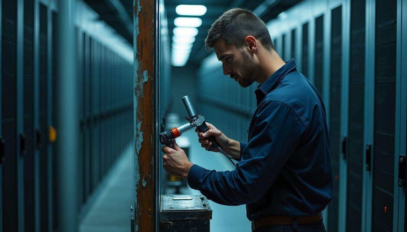 A man in a work shirt inspects a door frame while applying silicone caulk in a server room. A man in a work shirt inspects a door frame while applying silicone caulk in a server room.