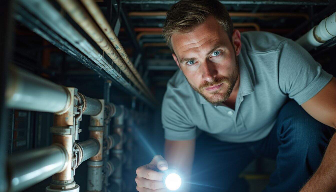 A focused man examines aged copper pipes for leaks in a cramped server room crawl space. A focused man examines aged copper pipes for leaks in a cramped server room crawl space.