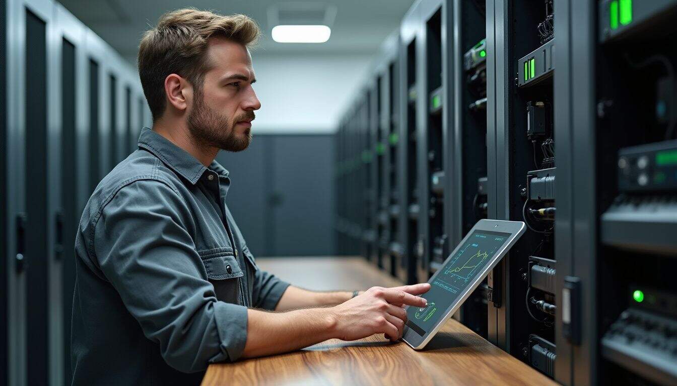A focused technician monitors advanced electronic pest control devices in a modern server room. A focused technician monitors advanced electronic pest control devices in a modern server room.